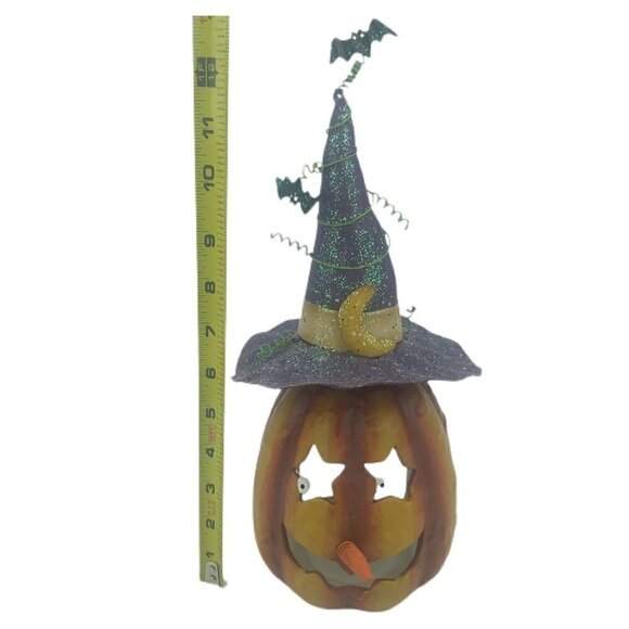 Halloween Jack-O-Lantern Pumpkin Tea Light Candle Holder Witch Hat Bats Ceramic - Picture 11 of 12